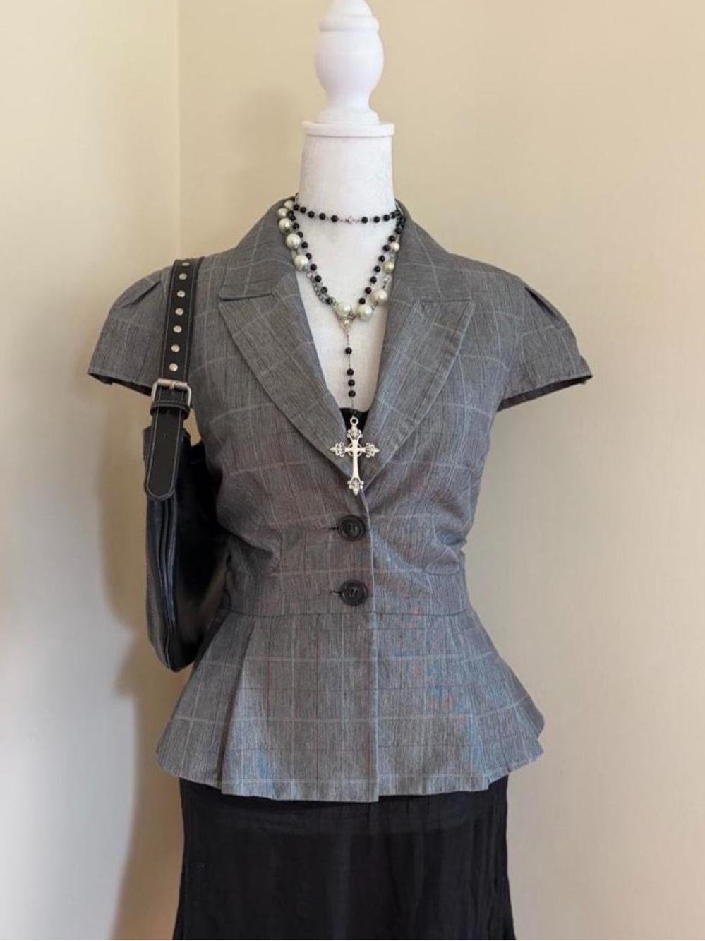 Vintage Y2K peplum blazer jacket blouse top European office grunge twee gray 6